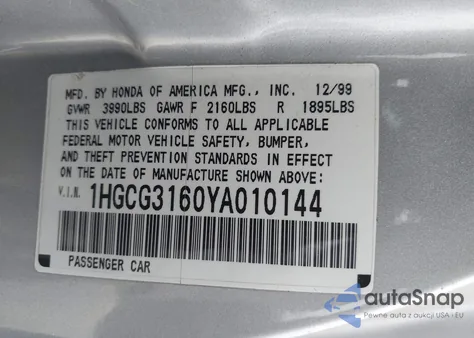 2000 Honda Accord 2.3 Ex z USA, uszkodzony, nr VIN 1HGCG3160YA010144